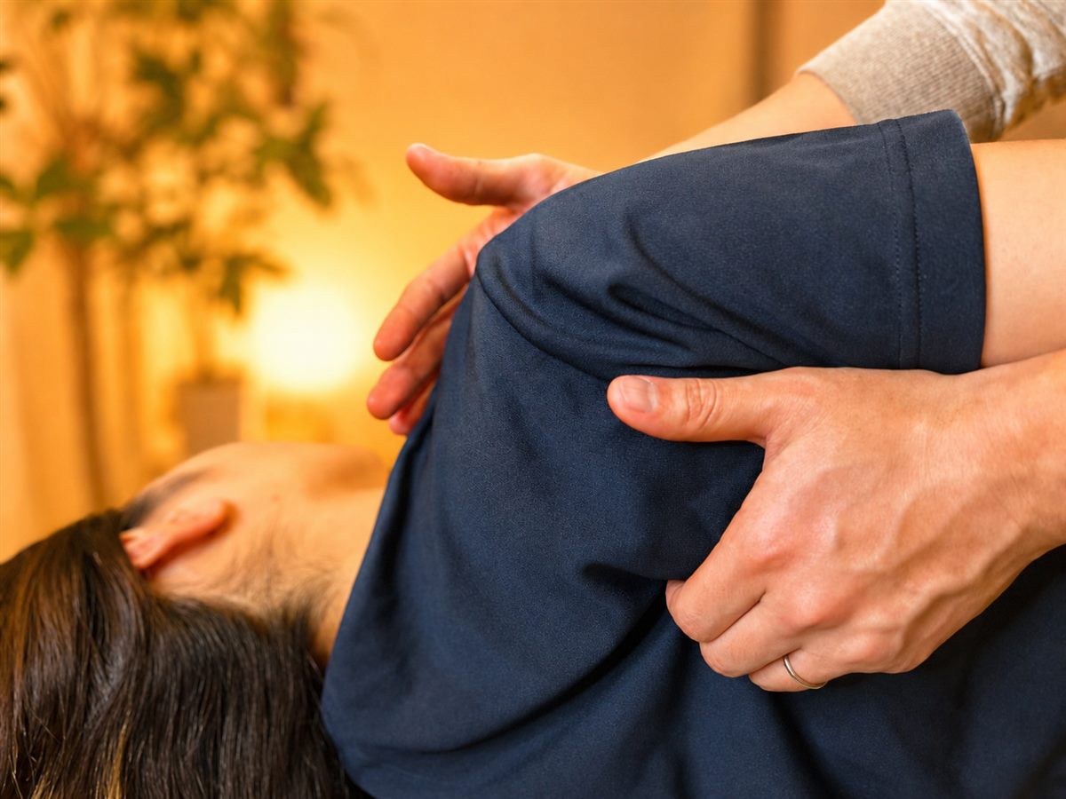 肩と腕を支えながら、弱い刺激で肩まわりを整えていく施術の様子