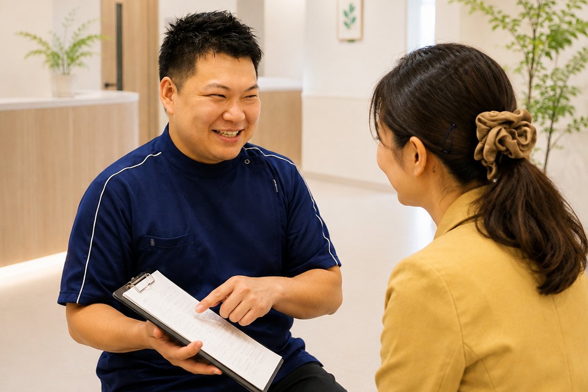 院長が手元の記録用紙を指しながら、笑顔で来院された方に説明している様子