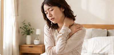 自宅で肩をさすりながら、こりが戻ってしまったつらさを感じている女性