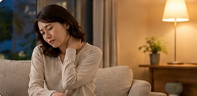夜のリビングでうつむき、肩の重さをやり過ごしている女性